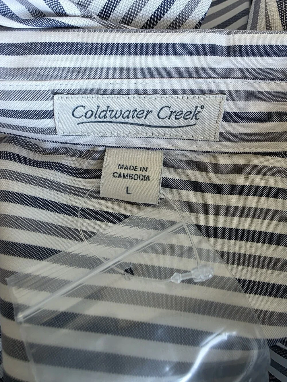 NEW Coldwater Creek Button Up Shirt Cotton White Gray Stripe Size L Long Sleeve